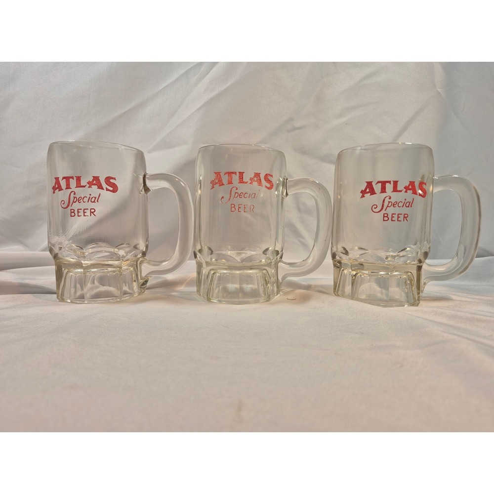 1930s-1940s Atlas Special 10oz (2 Stamped) Clear Beer Mug Glass Handle Set Of 3